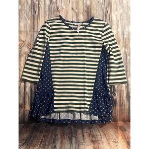 Isobella & Chloe Tunic Top Girls 10 Navy Cream Striped Polka Dot Ruffle